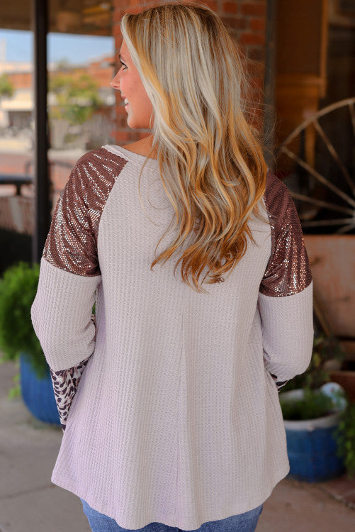 Leopard bell sleeve waffle top
