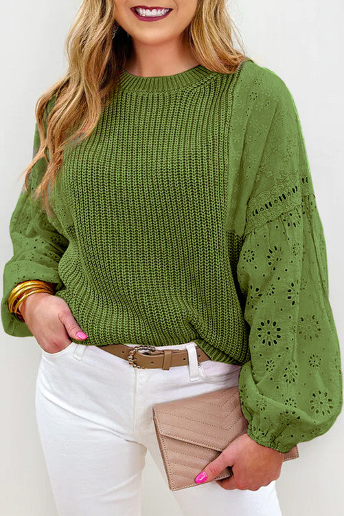 Green Eyelet Sleeve Sweater