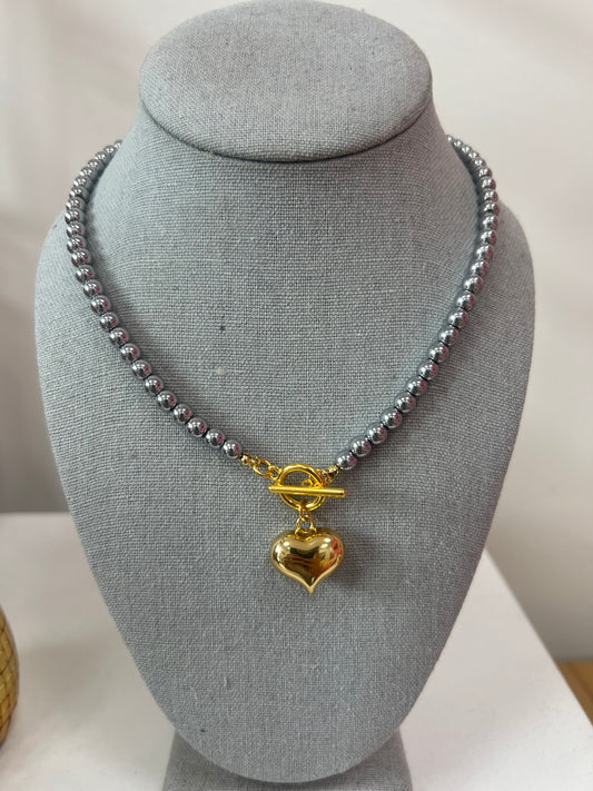 Silver Bead and Gold Heart Necklace