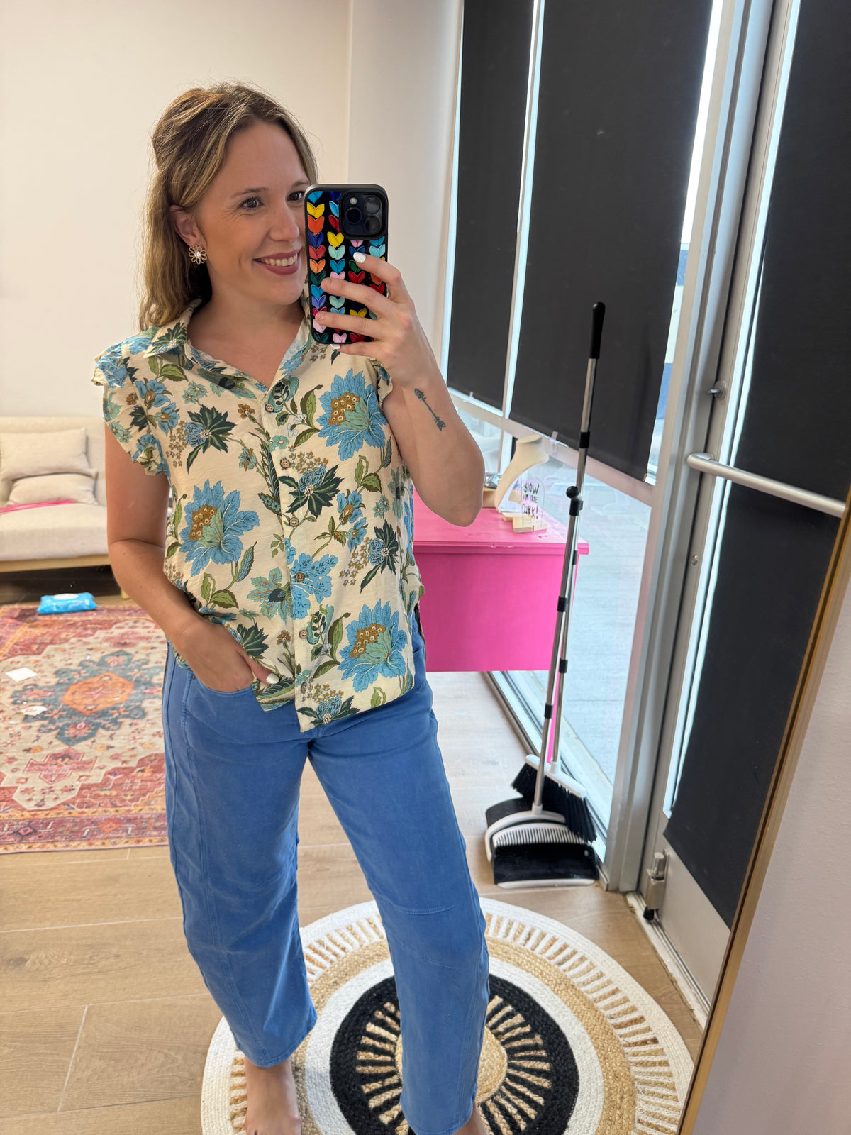 Blue Floral Flutter Sleeve Button Up Top