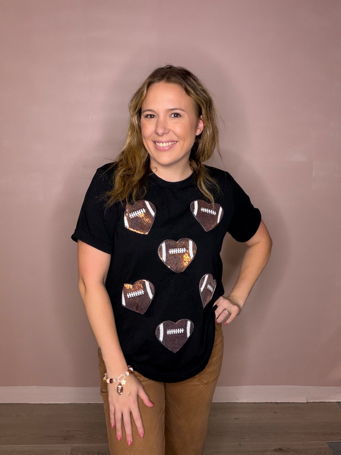 Women's Sequin Football Heart Graphic Tee