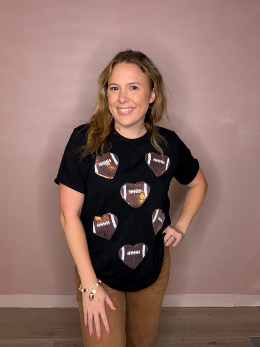 Women's Sequin Football Heart Graphic Tee