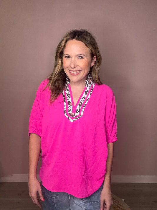 Pink Airflow Leopard Trim Blouse