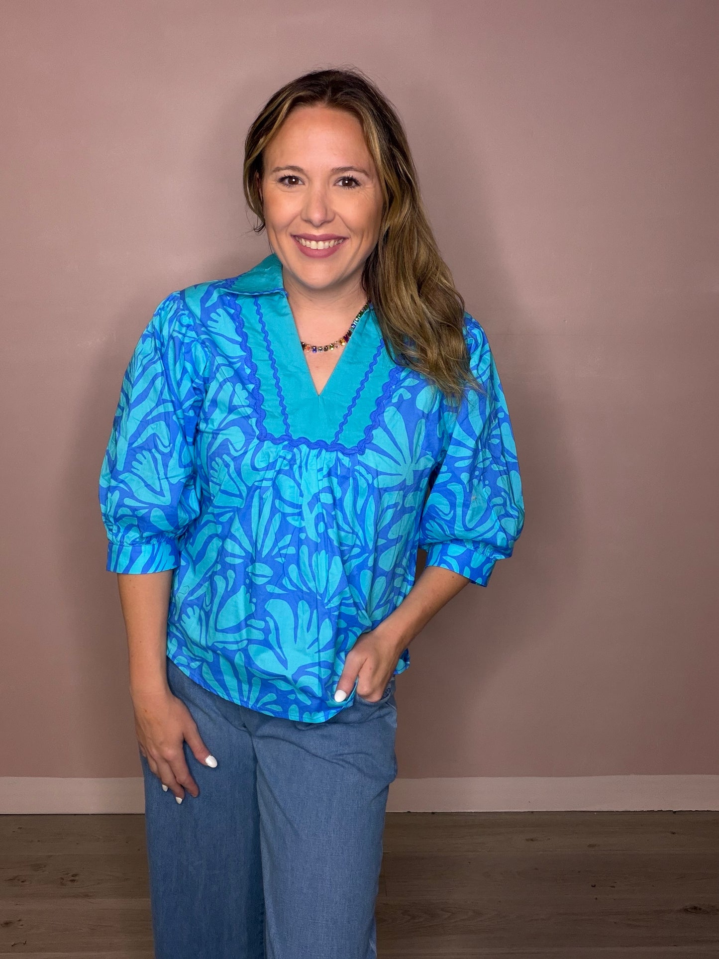 Floral Print Ric Rac Trim Blouse