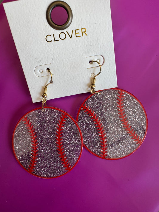Silver Glitter Baseball Dangle Earrings
