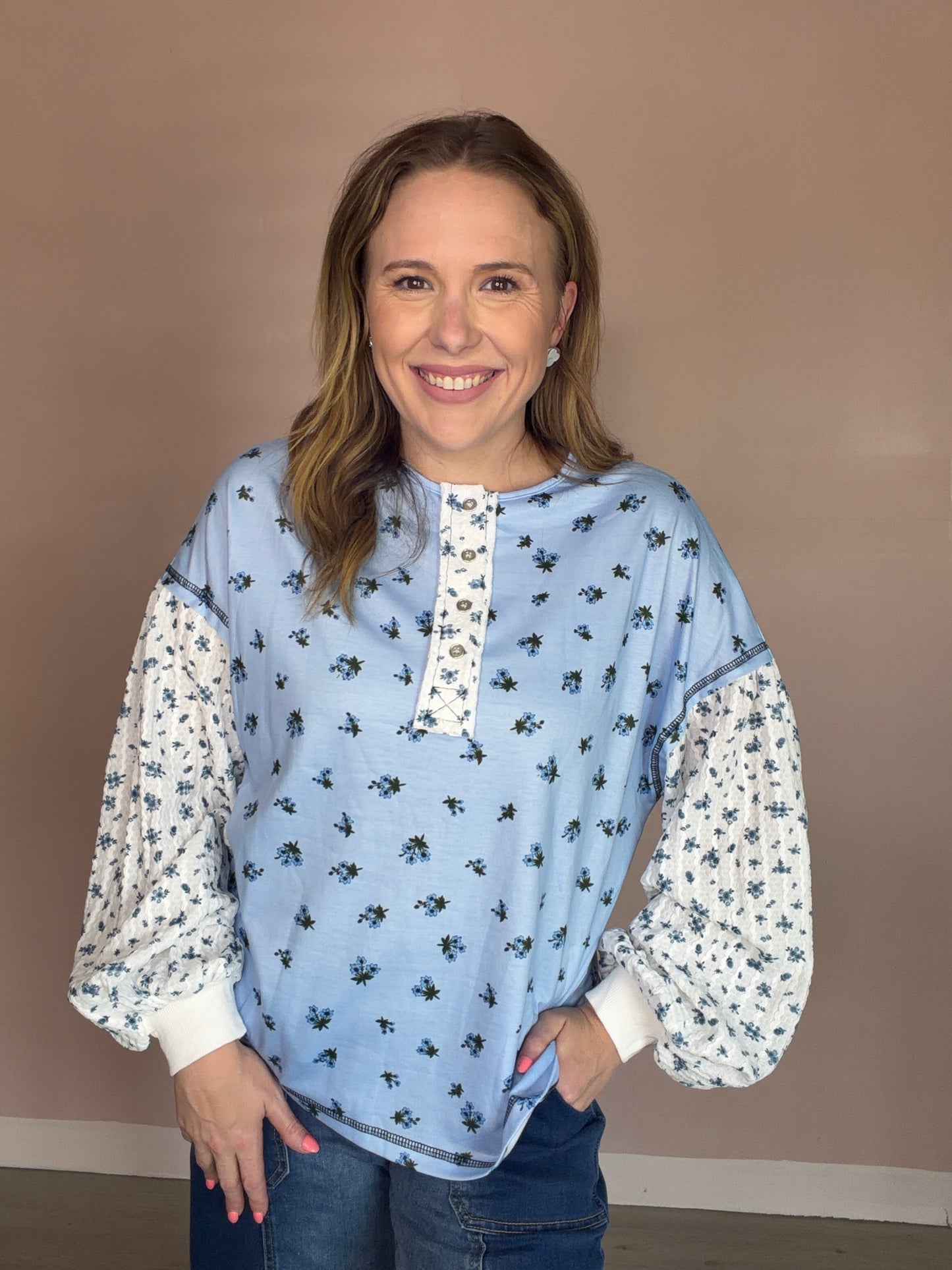 Blue Floral Waffle Sleeve Oversized Top