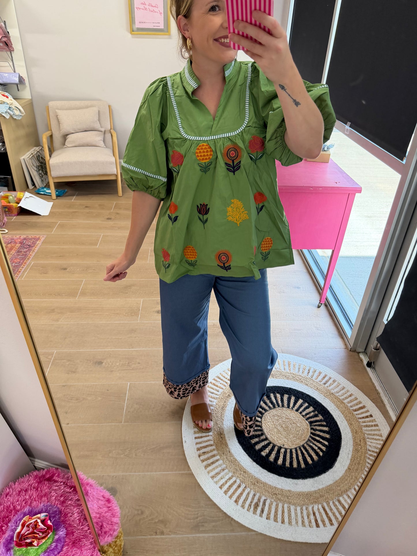 Green Floral Embroidered Blouse