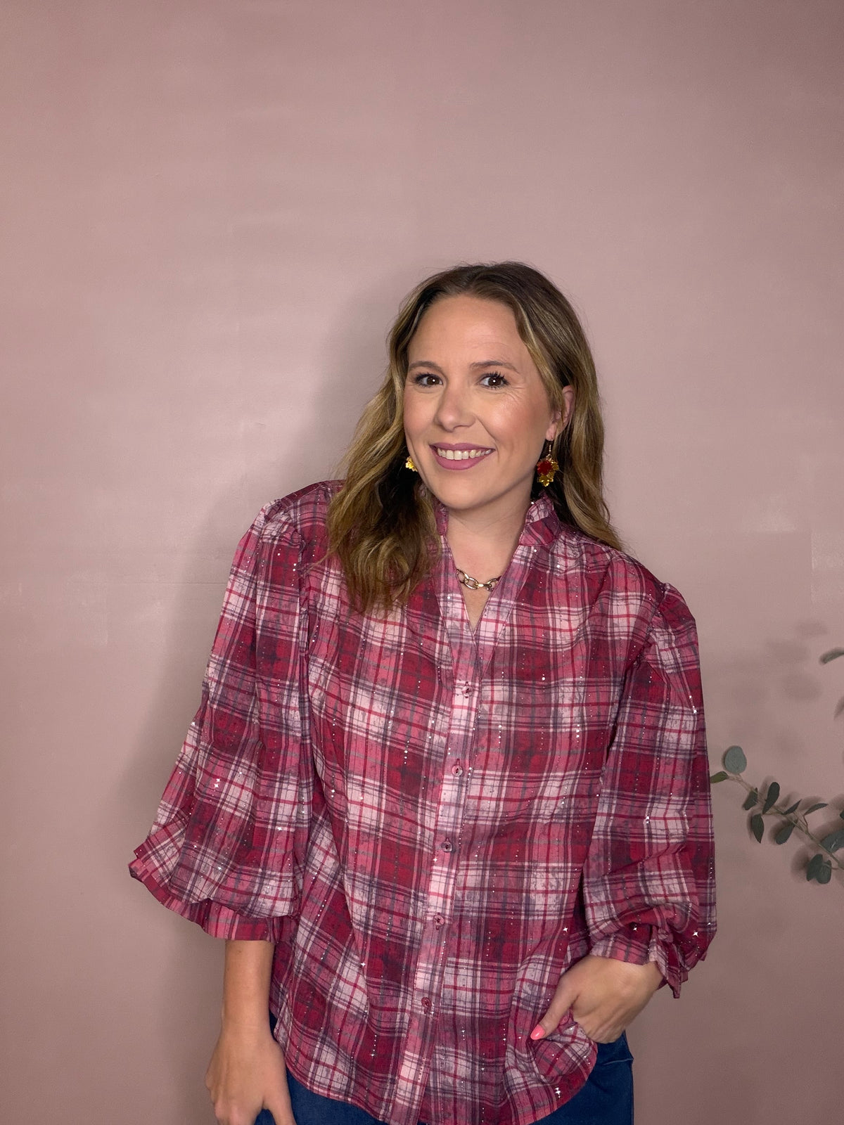 Red Plaid Puff Sleeve Blouse