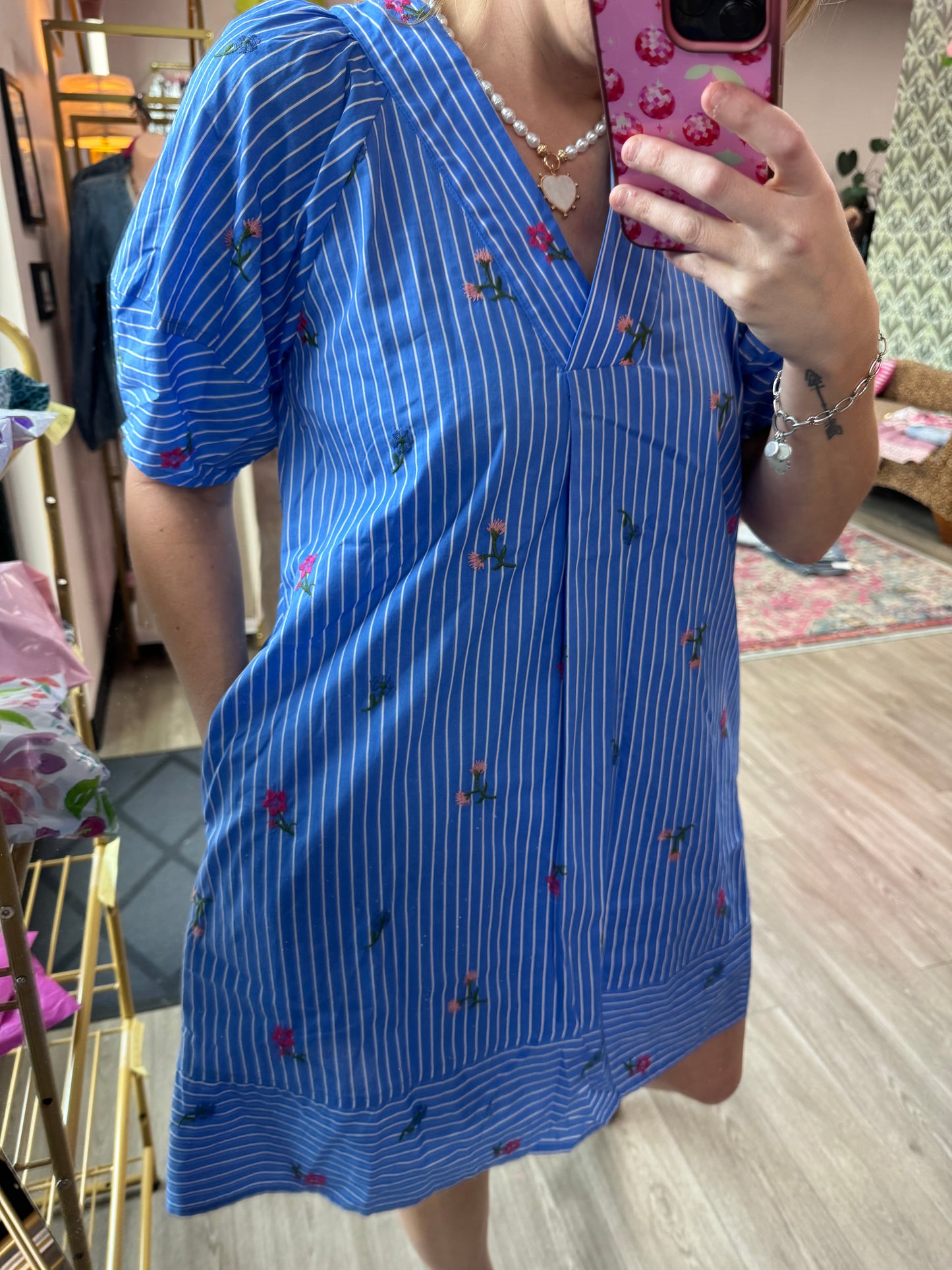 Blue Striped Embroidered Shift Dress