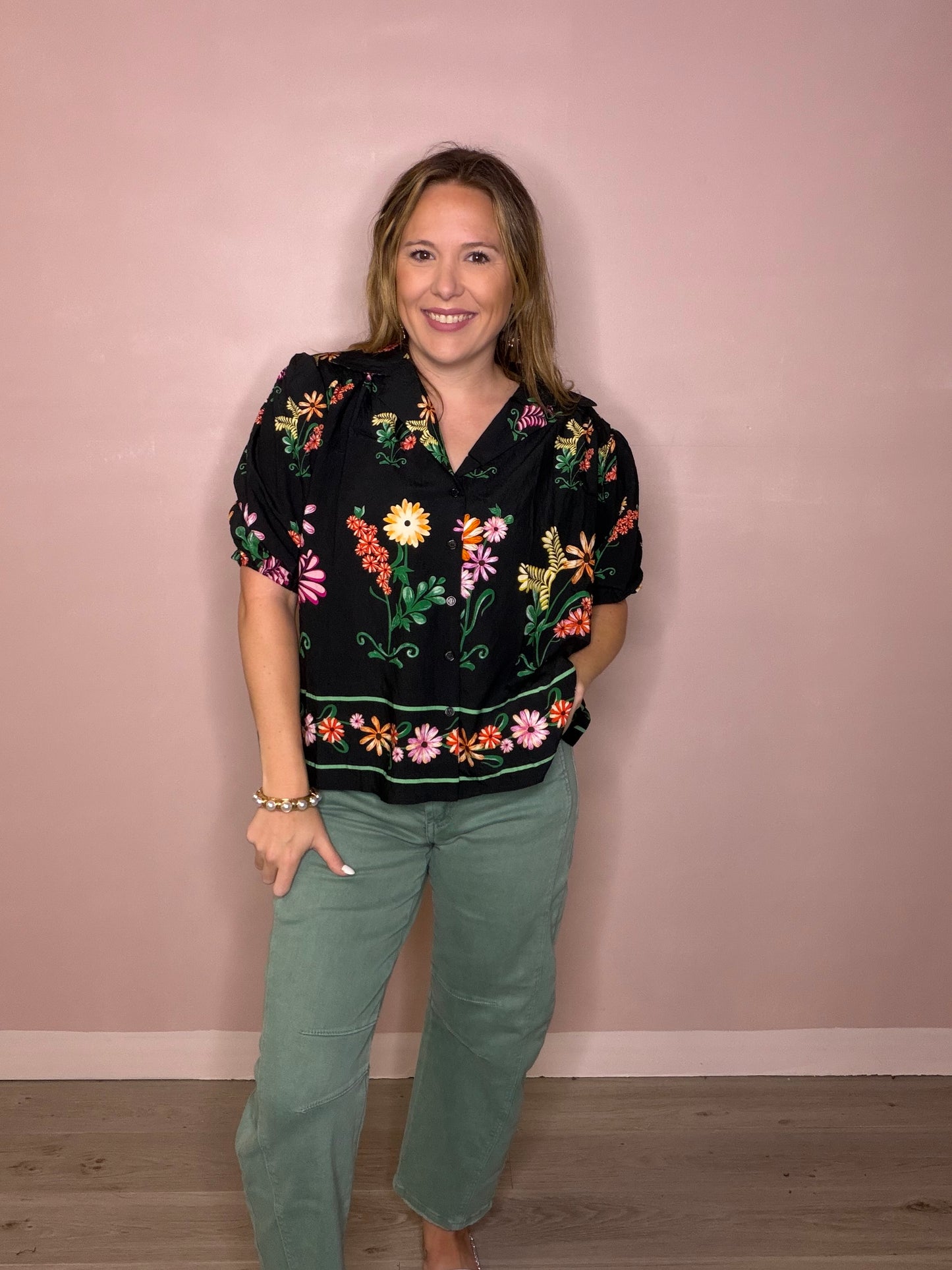 Black Floral Button Front Blouse
