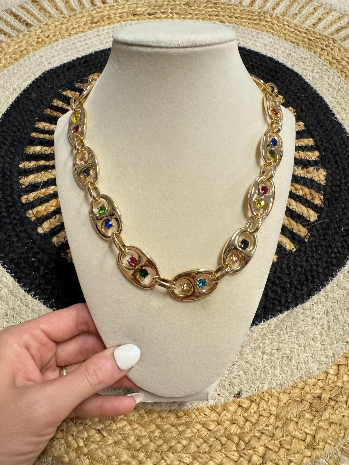 Multi Gem Gold Link Necklace