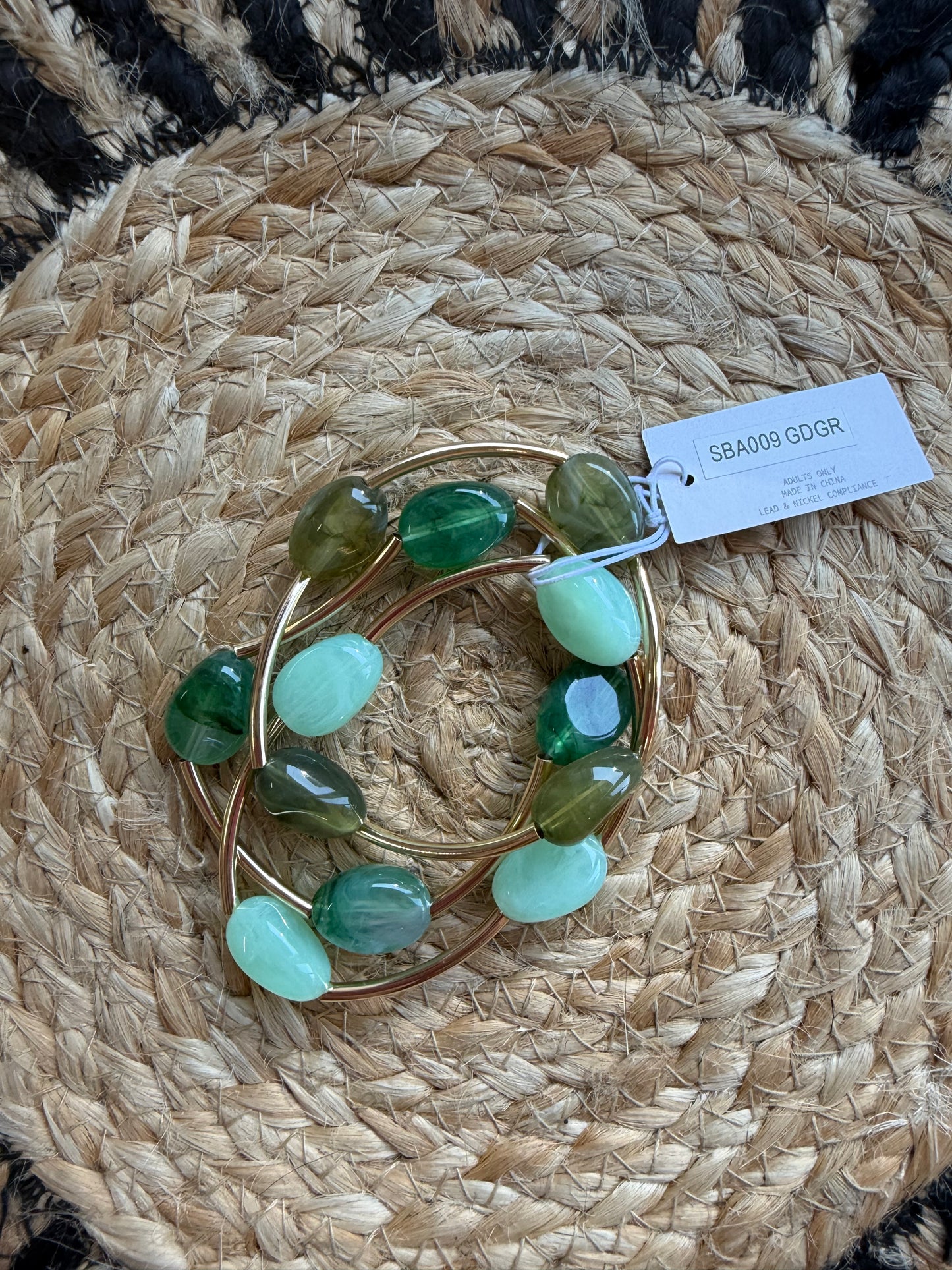 Green Beaded Bracelet Stack with Gold Accents