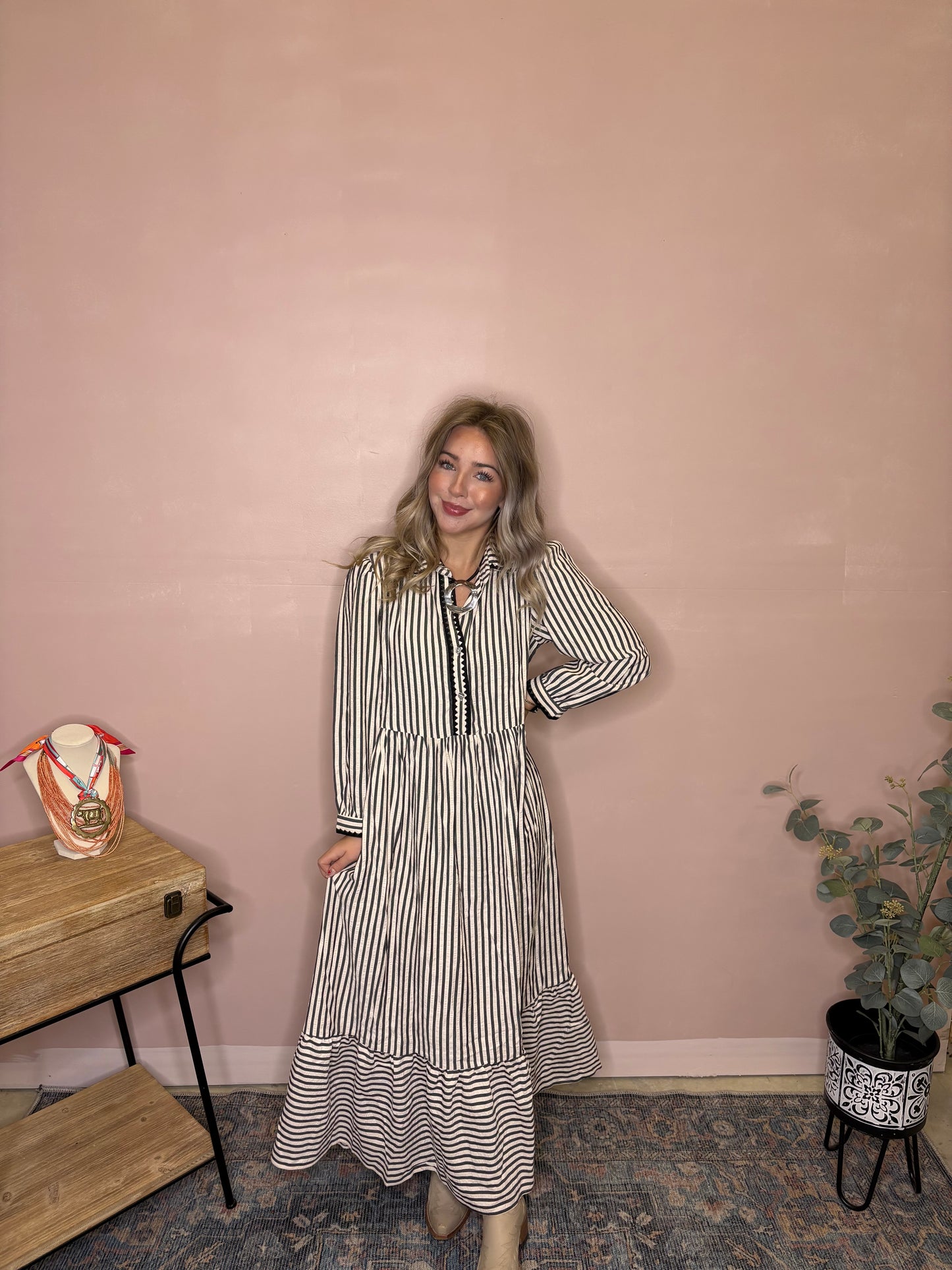 Classic Stripe Black & Ivory Midi Dress