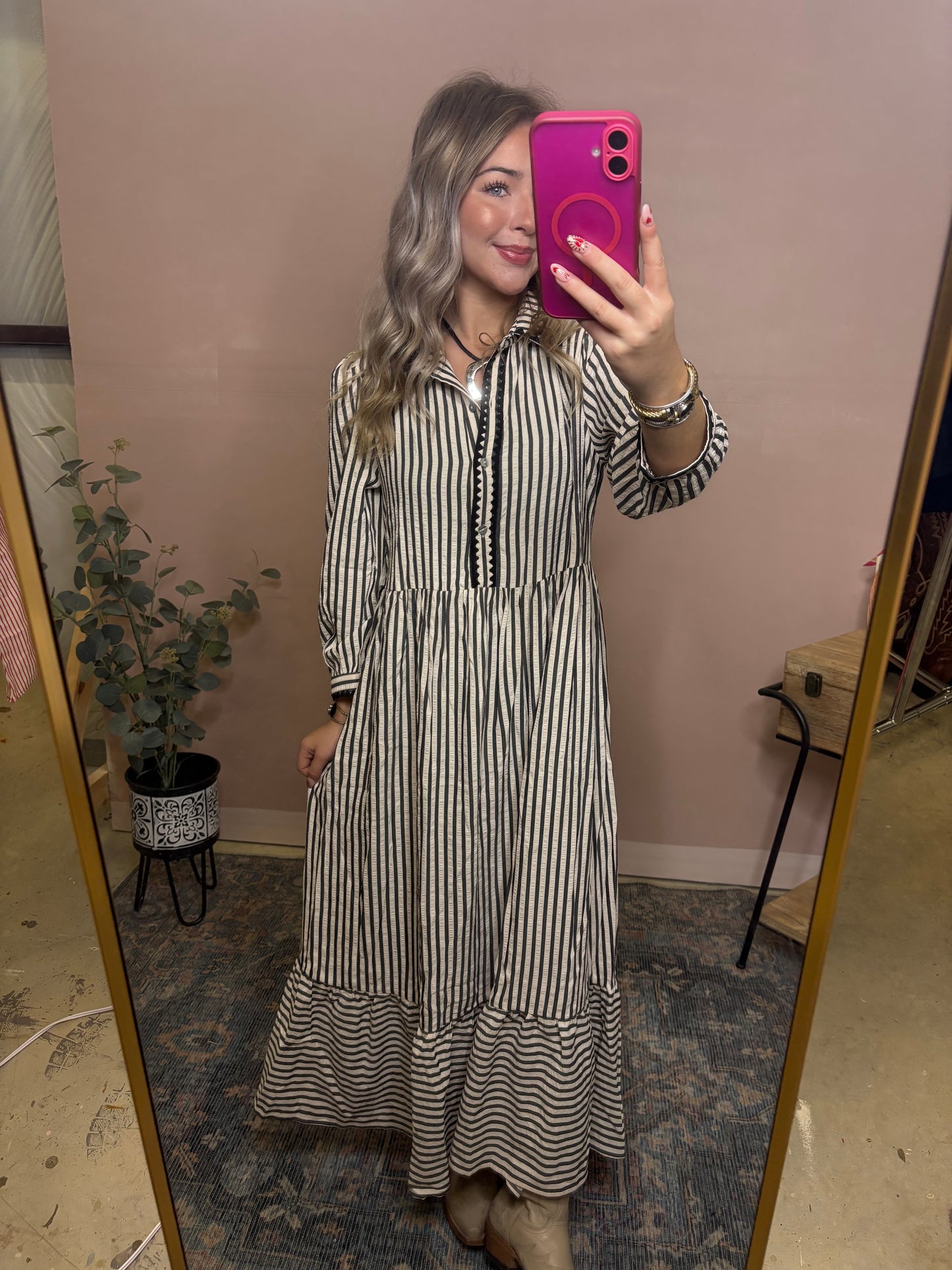 Classic Stripe Black & Ivory Midi Dress