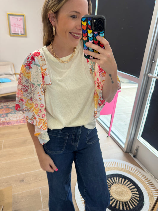 Beige Floral Sleeve Flowy Top