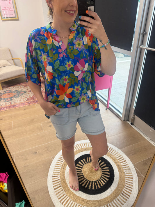 Wrinkle-Free Blue Tropical Floral Blouse