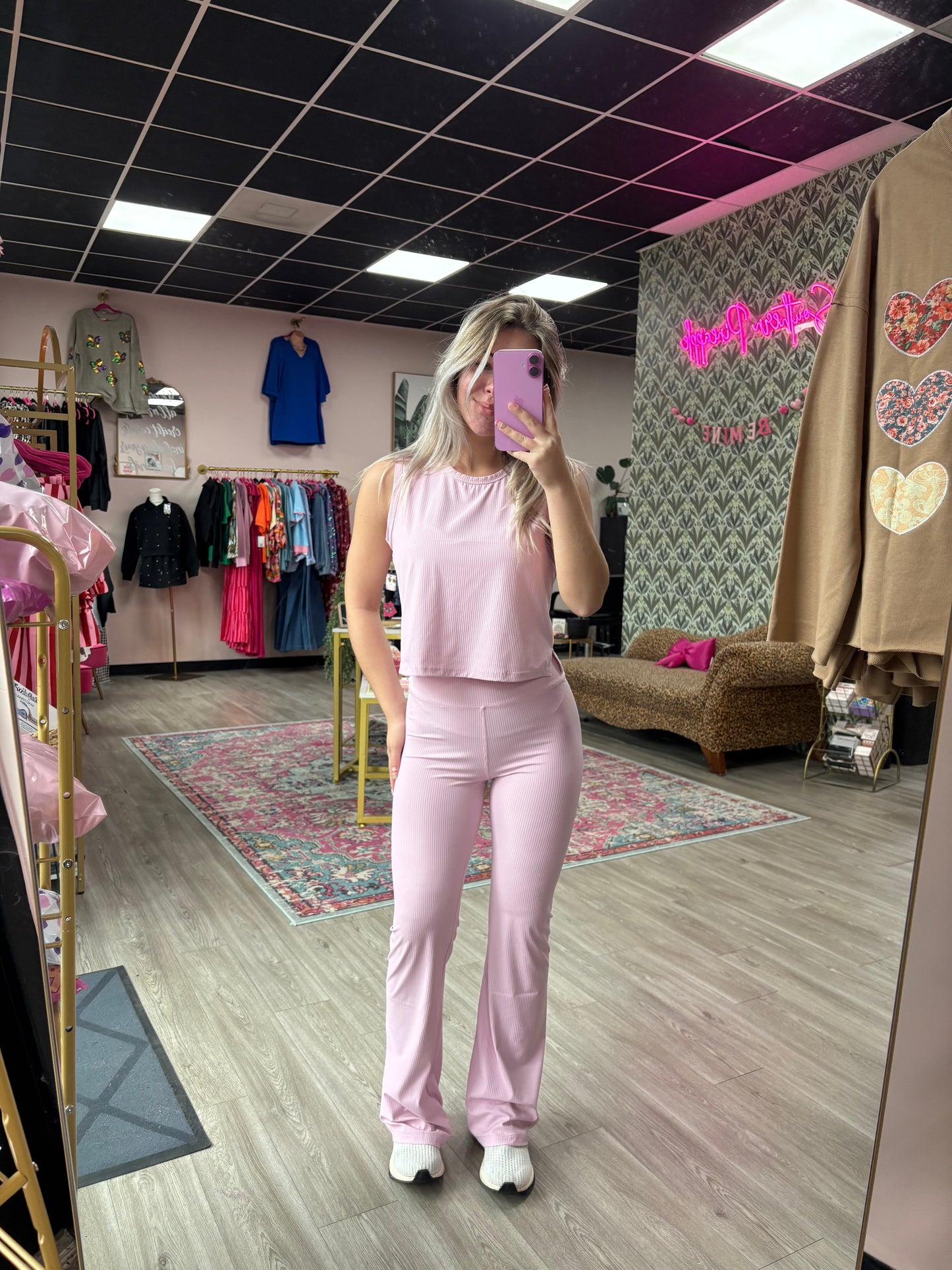 Pink Ribbed Flare Pants