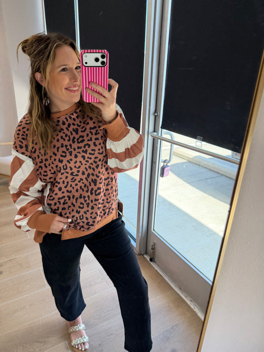 Brown Leopard Mixed Print Crewneck Top