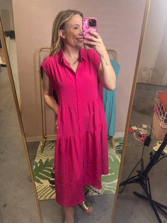 Pink Button-Front Tiered Midi Dress