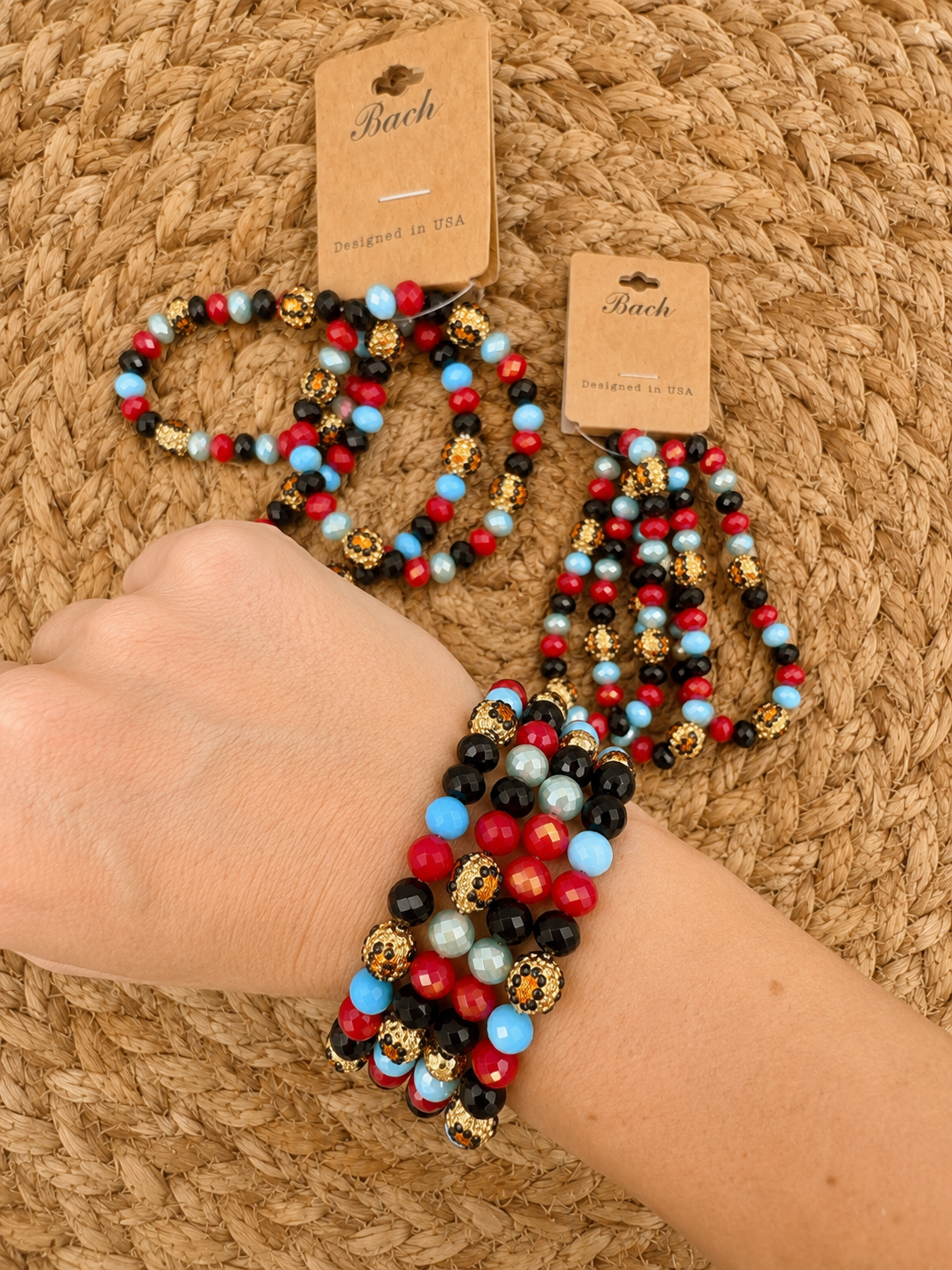 Unleashed Blue, Red & Black Leopard Beaded Bracelet Stack
