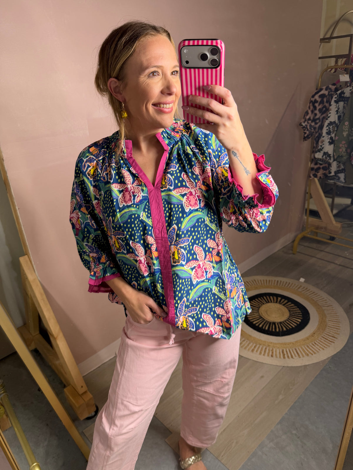 Blue Dot Floral Oversized Blouse with Pink Trim