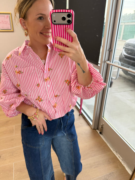 Pink Stripe Embroidered Floral Bubble Sleeve Blouse