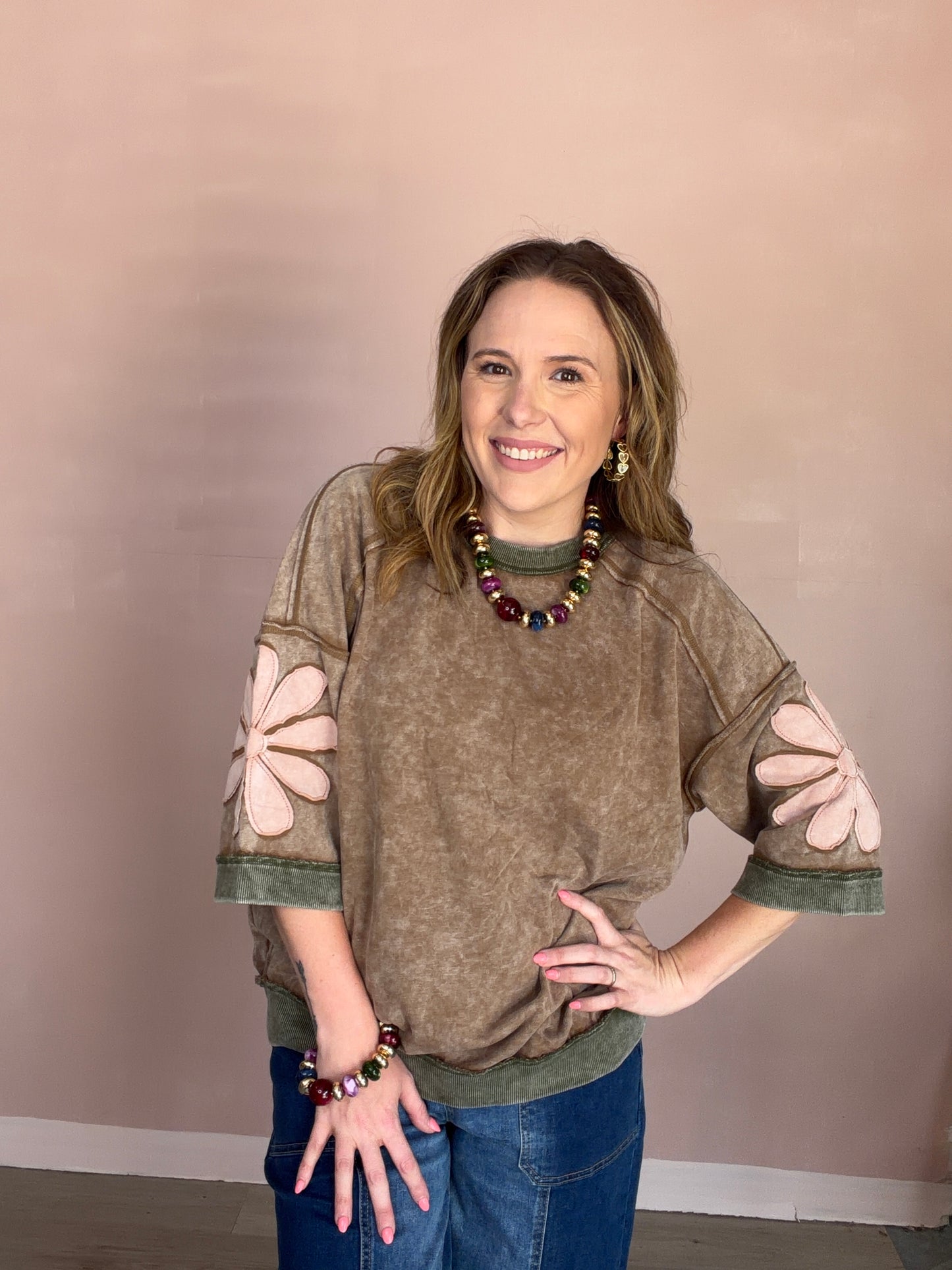 Acid Wash Floral Patch Sleeve Top