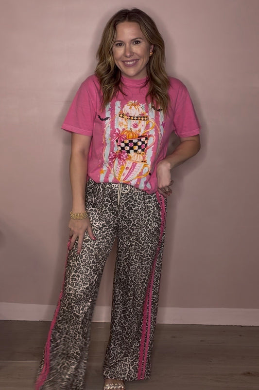 Leopard Wide Leg Pants with Hot Pink Lace Trim