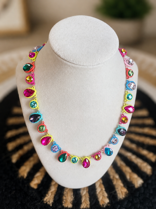 Colorful Jewel Necklace and Pink Stud Earrings Set