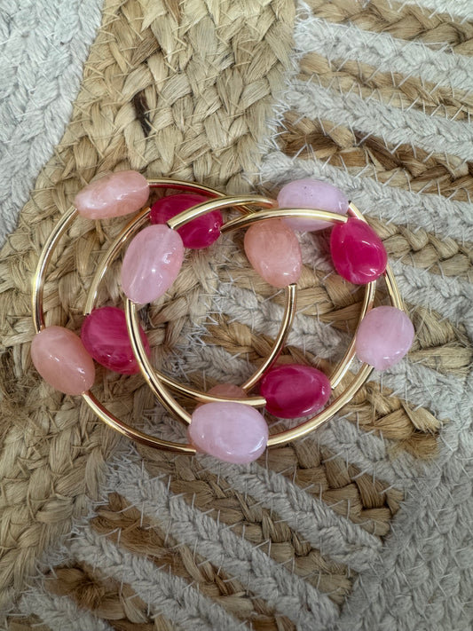 Pink Beaded Bracelet Stack with Gold Accents – Stretch Stackable Bracelet Set