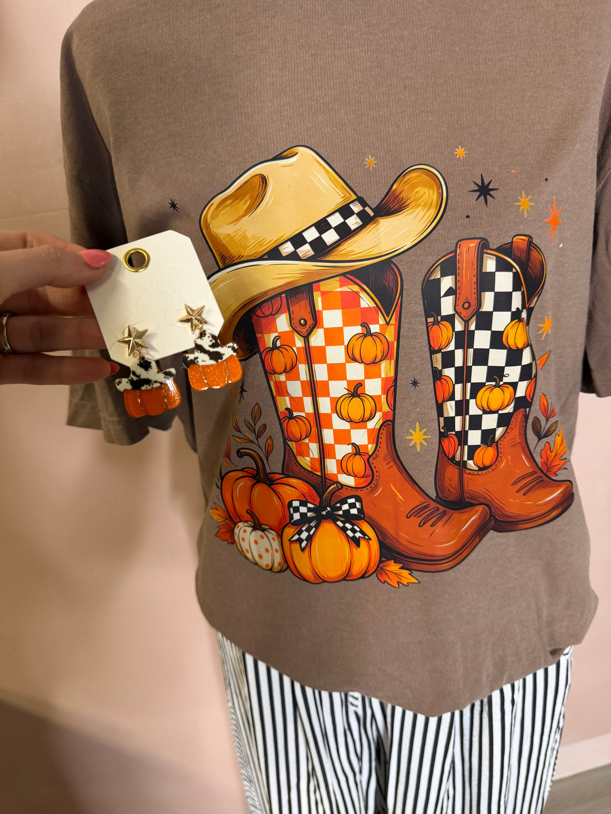 Cow Print Cowboy Hat Pumpkin Earrings