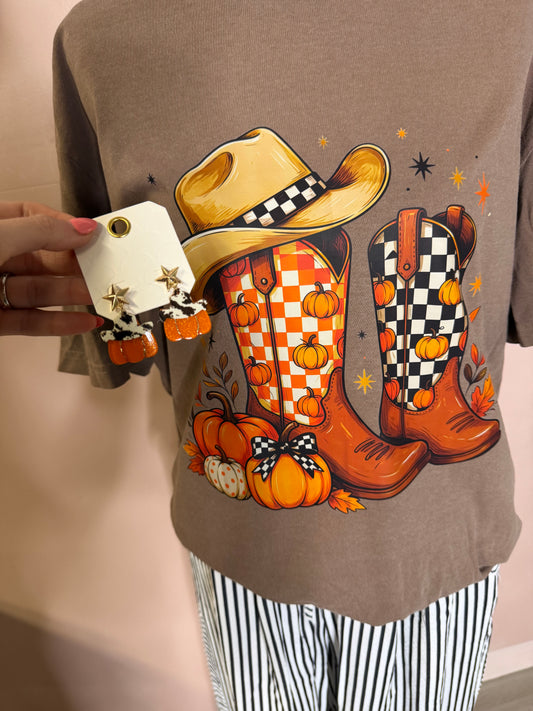 Cow Print Cowboy Hat Pumpkin Earrings