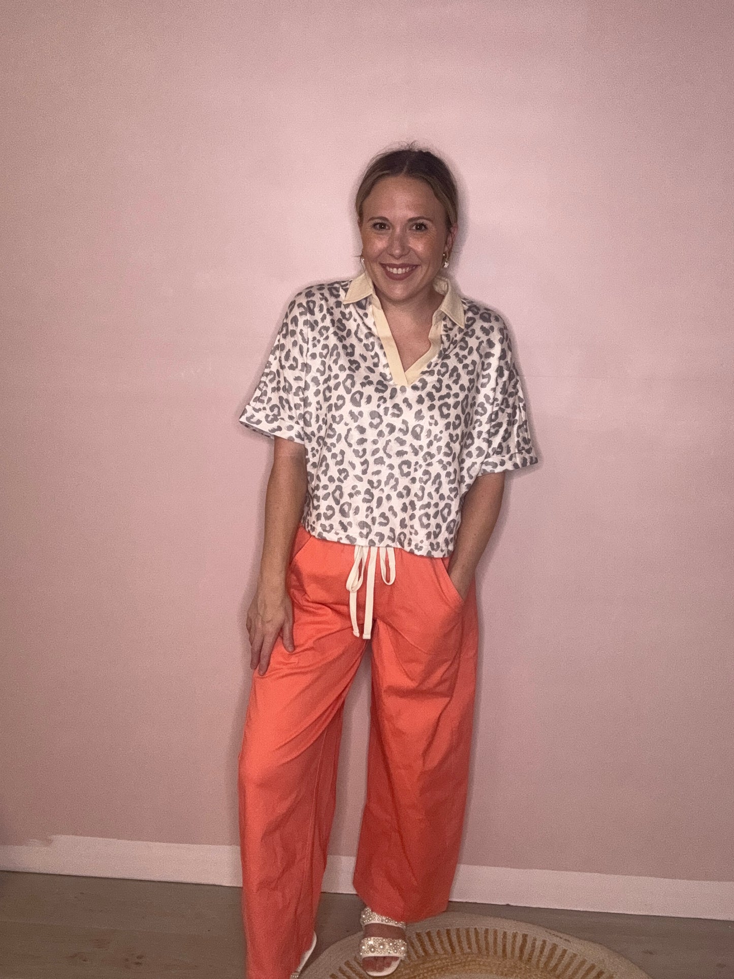 Coral Drawstring Wide Leg Pants