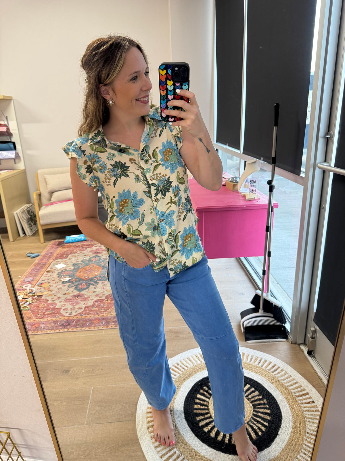 Washed Blue Stretch Wide Leg Jeans
