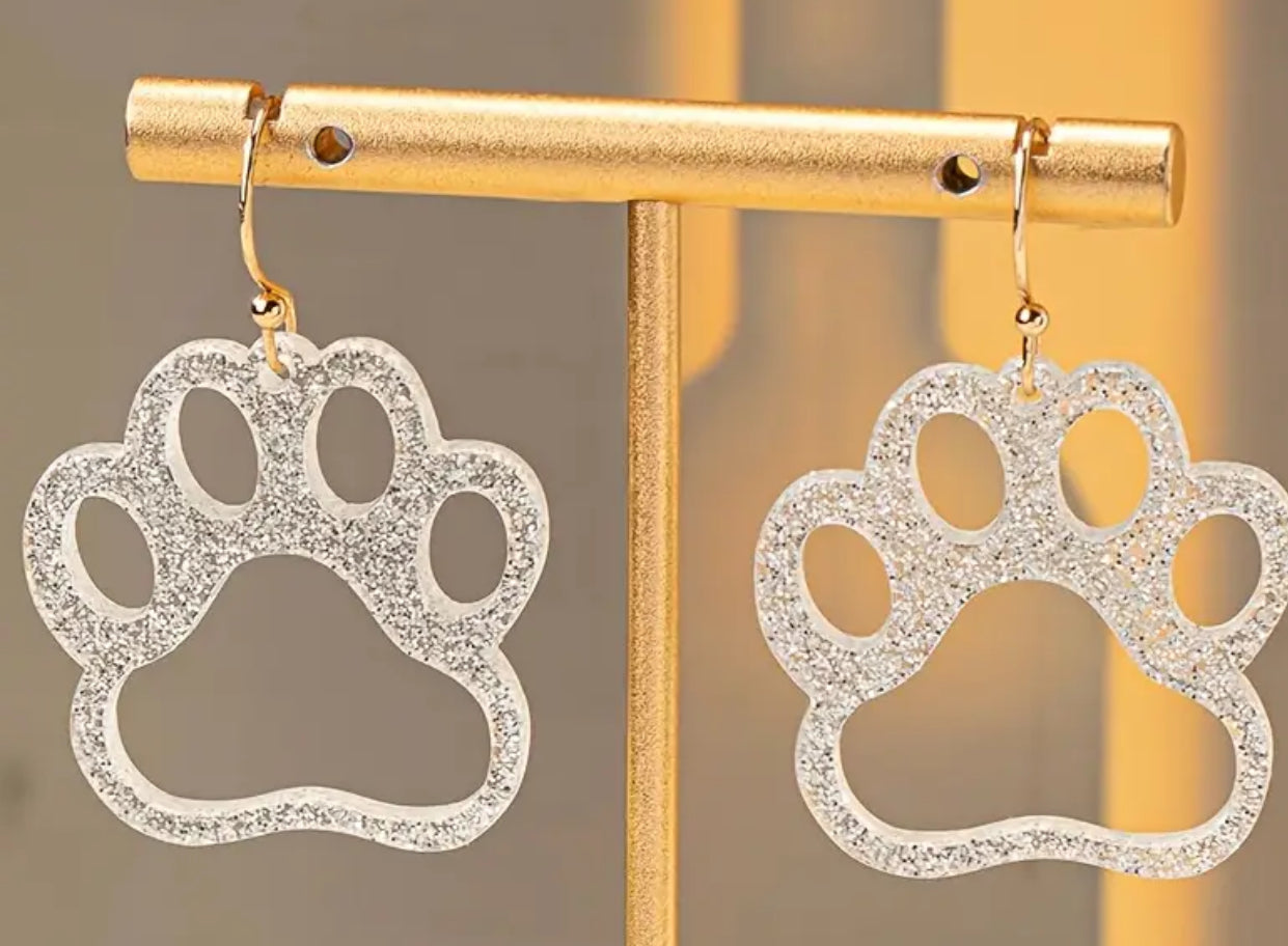 Silver Glitter Paw Earrings