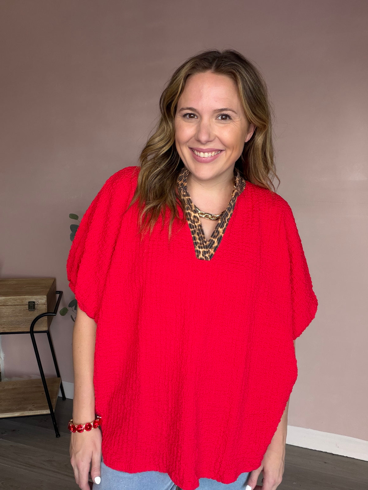 Cougar Red Leopard Trim Oversized Blouse