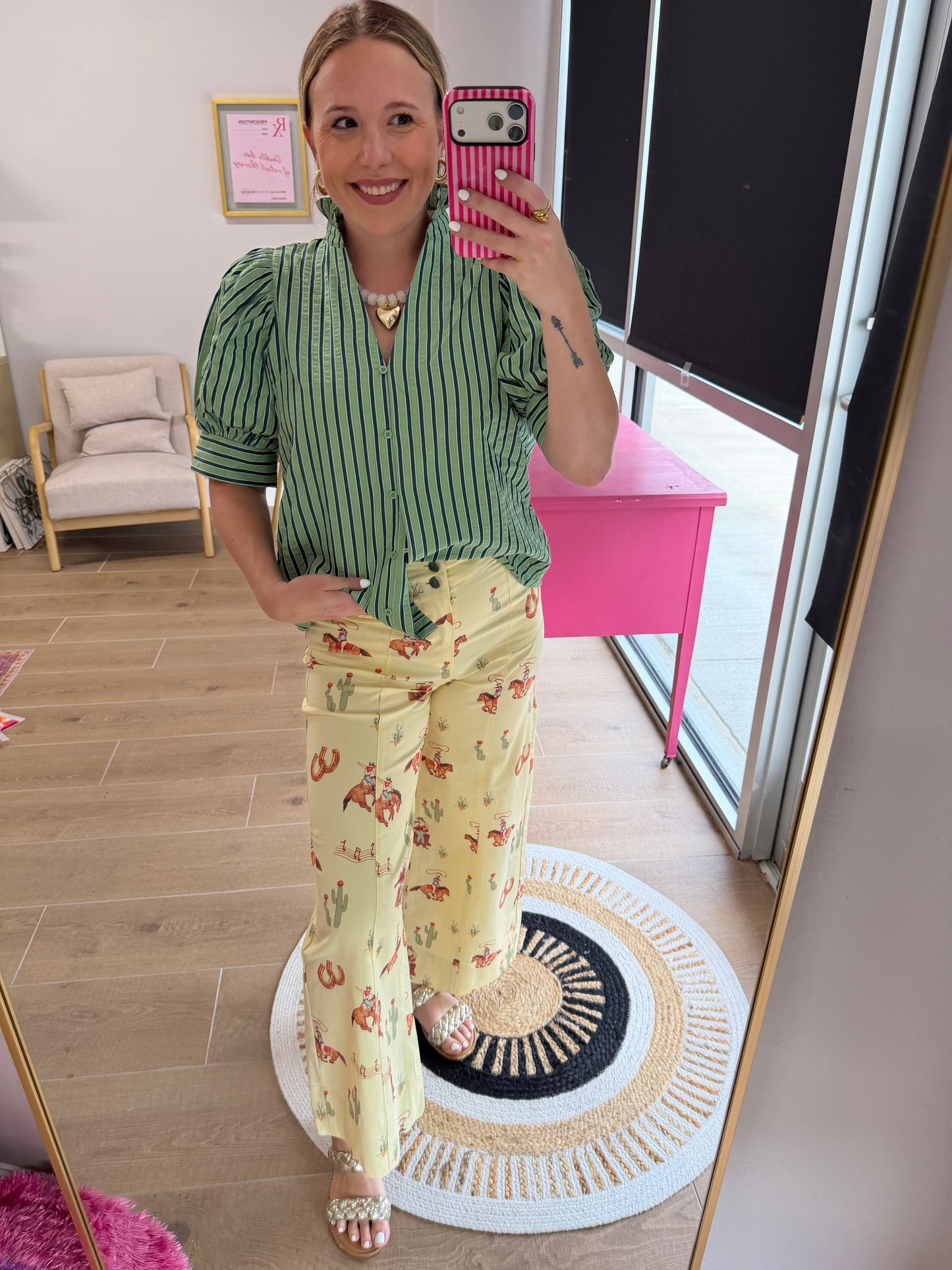 Green Striped Puff Sleeve Button-Down Blouse