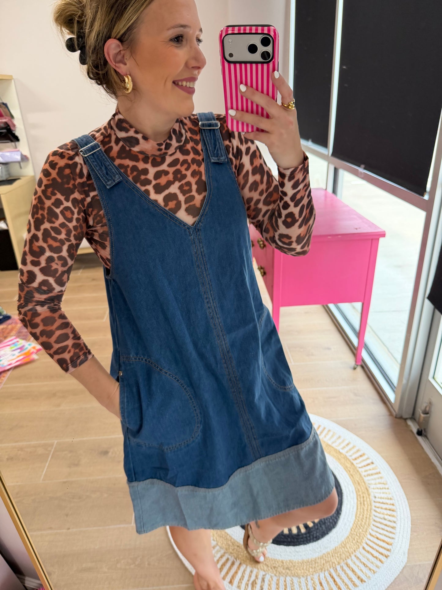 Two-Tone Denim Jumper Dress with Pockets