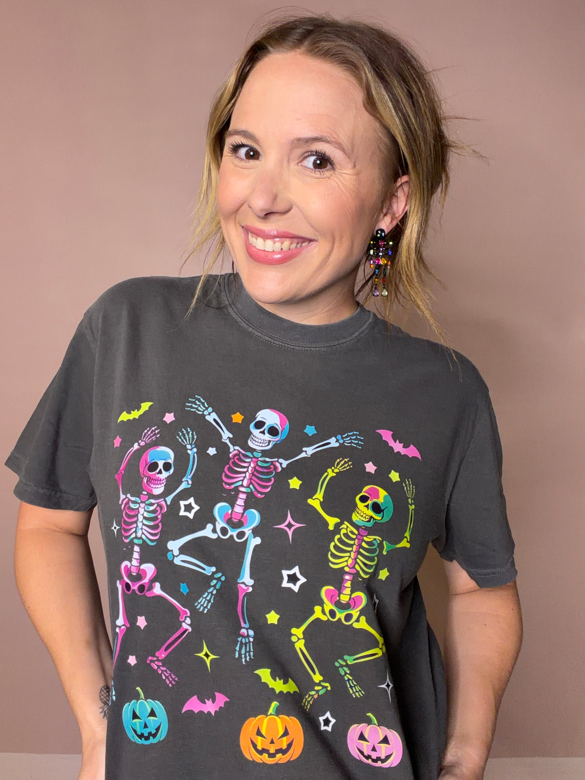 Neon Dancing Skeletons Halloween Graphic Tee