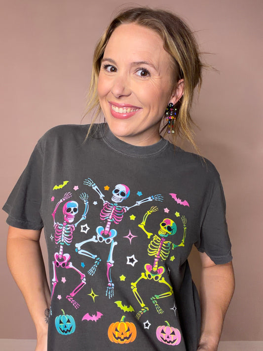 Neon Dancing Skeletons Halloween Graphic Tee