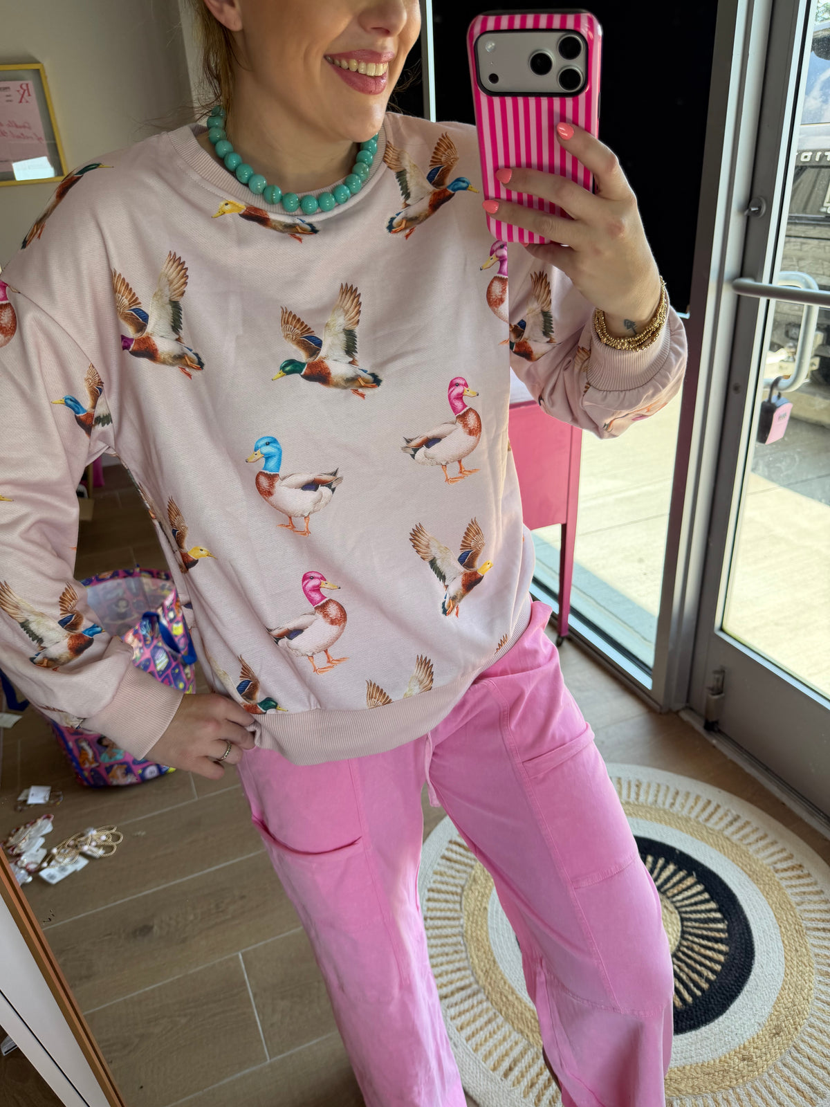 Pink Duck Print Lightweight Crewneck Sweatshirt
