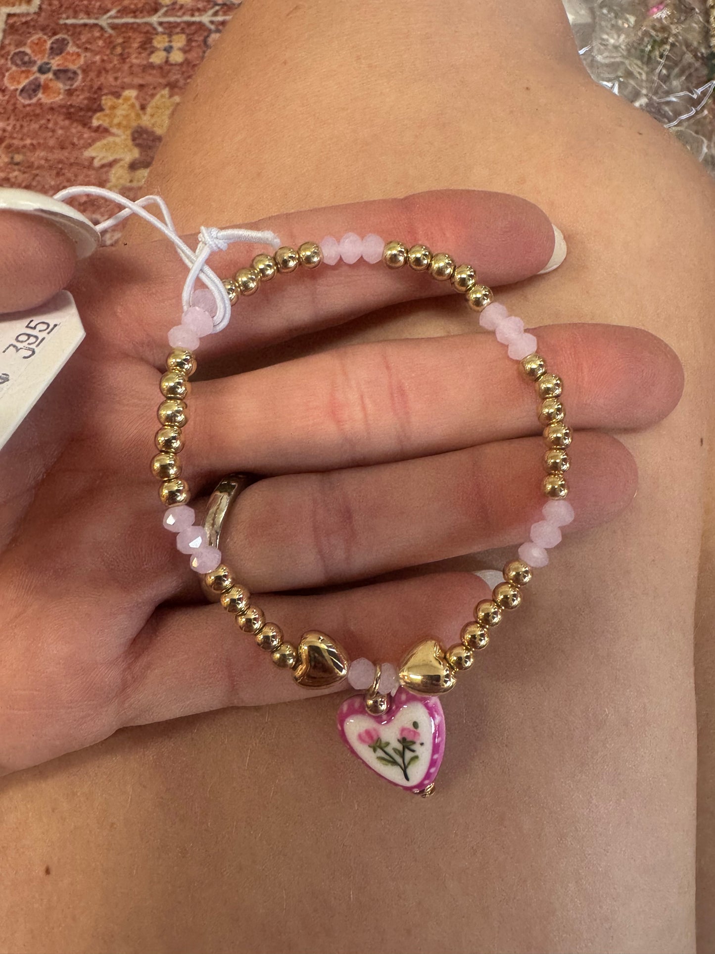 Pink Floral Heart Charm Stretch Bracelet