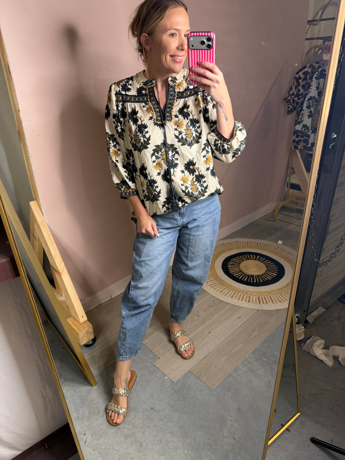 Black & Camel Floral Flowy Blouse