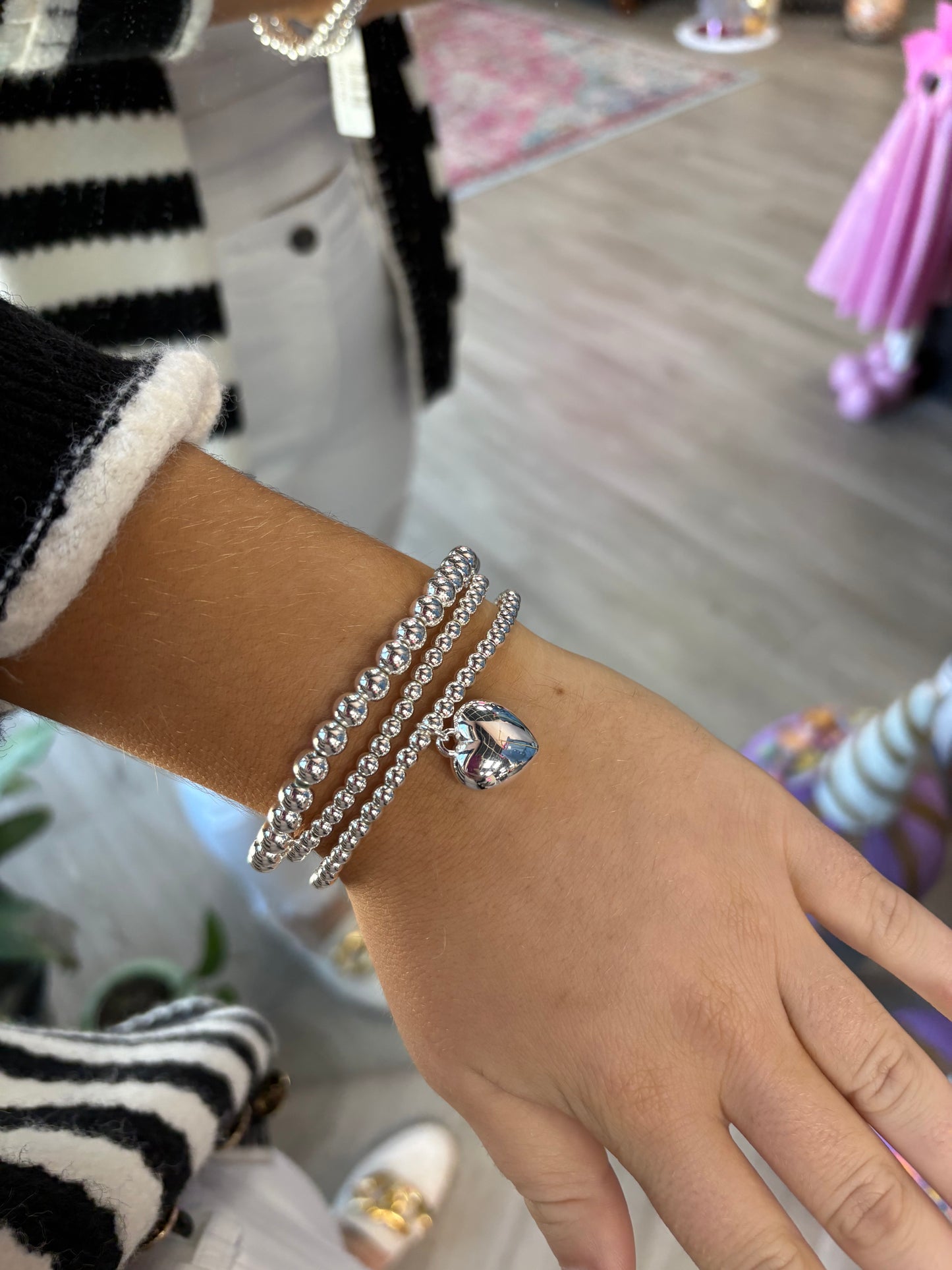 Silver Puff Heart Bracelet Stack (Set)
