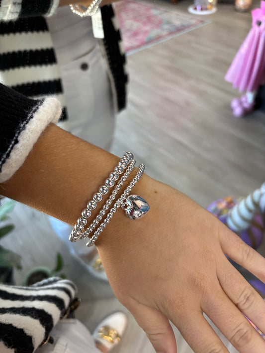 Silver Puff Heart Bracelet Stack (Set)