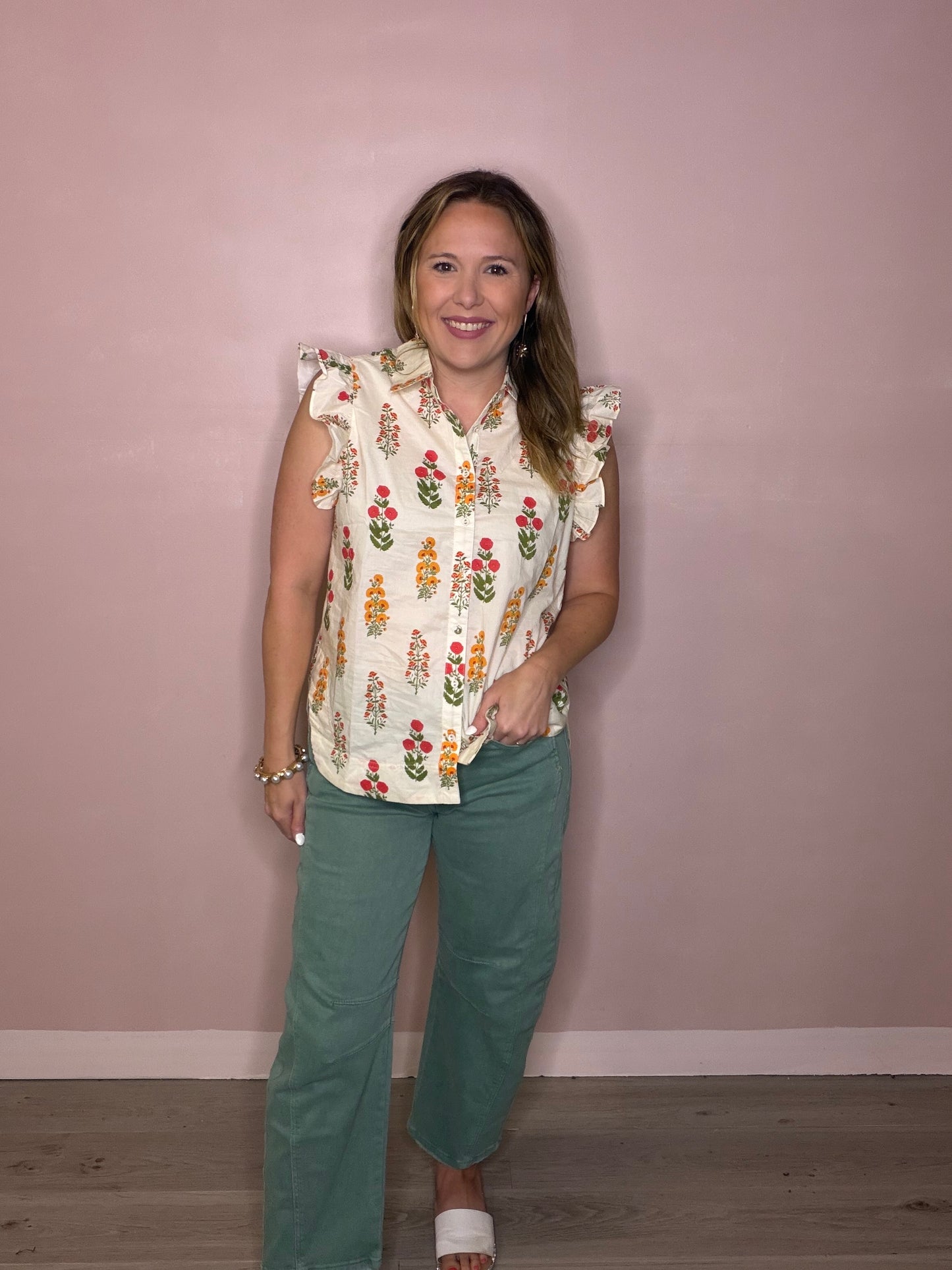 Ivory Floral Ruffle Sleeve Button Up Blouse