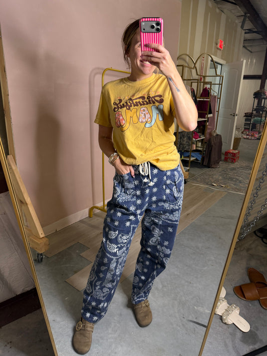 Navy Bandana Print Drawstring Pants