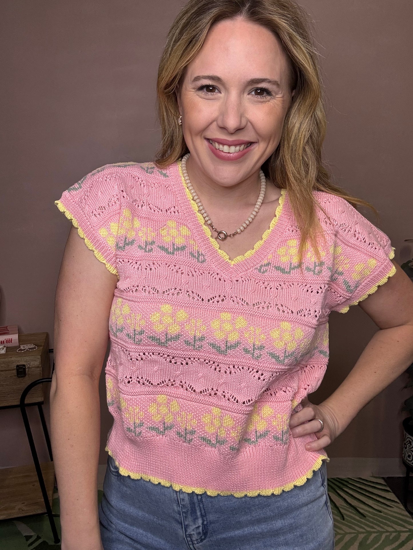Pink Floral Knit Top with Yellow Flowers