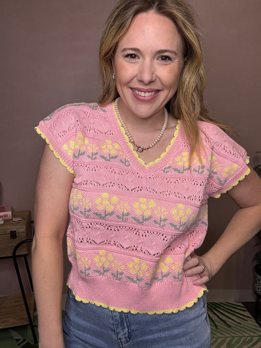 Pink Floral Knit Top with Yellow Flowers