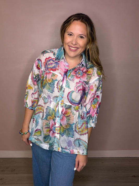 Oversized Watercolor Floral Print Blouse